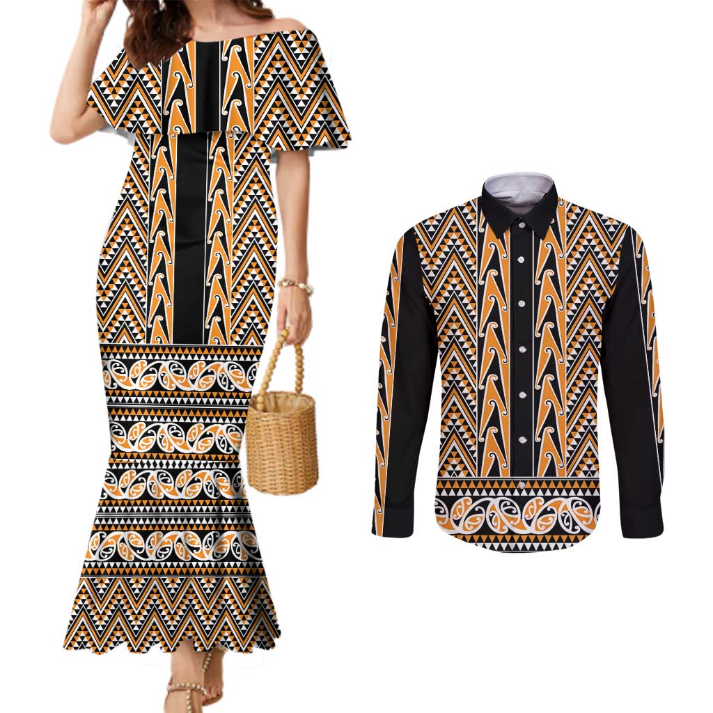 New Zealand Maori Niho Taniwha Couples Matching Mermaid Dress and Long Sleeve Button Shirt Karaka Mangopare and Puhoro Pattern