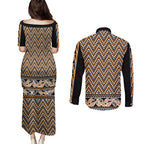 New Zealand Maori Niho Taniwha Couples Matching Puletasi and Long Sleeve Button Shirt Karaka Mangopare and Puhoro Pattern
