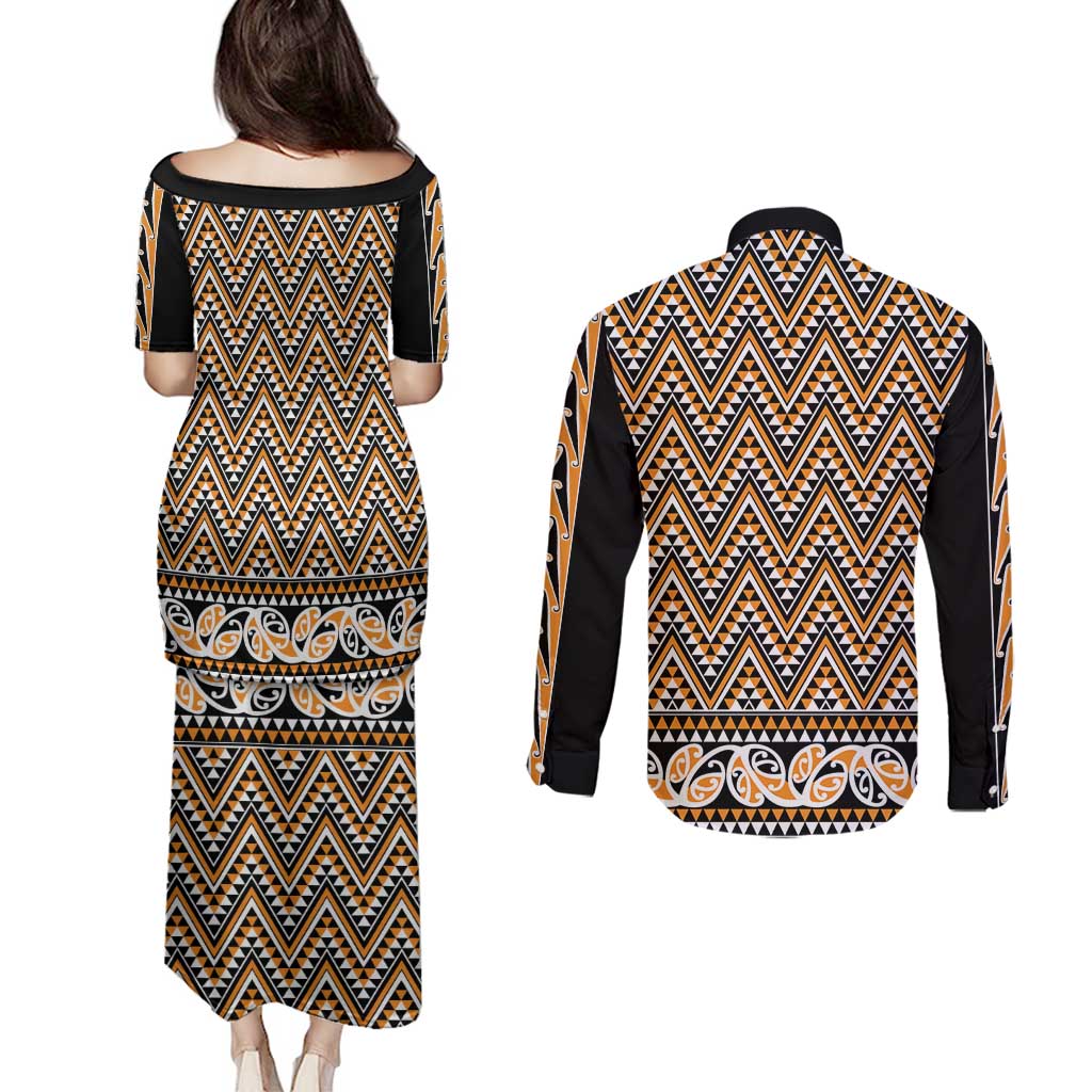 New Zealand Maori Niho Taniwha Couples Matching Puletasi and Long Sleeve Button Shirt Karaka Mangopare and Puhoro Pattern