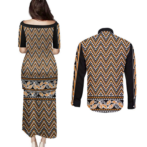 New Zealand Maori Niho Taniwha Couples Matching Puletasi and Long Sleeve Button Shirt Karaka Mangopare and Puhoro Pattern
