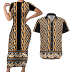 New Zealand Maori Niho Taniwha Couples Matching Short Sleeve Bodycon Dress and Hawaiian Shirt Karaka Mangopare and Puhoro Pattern