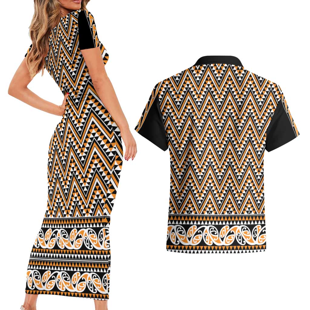 New Zealand Maori Niho Taniwha Couples Matching Short Sleeve Bodycon Dress and Hawaiian Shirt Karaka Mangopare and Puhoro Pattern