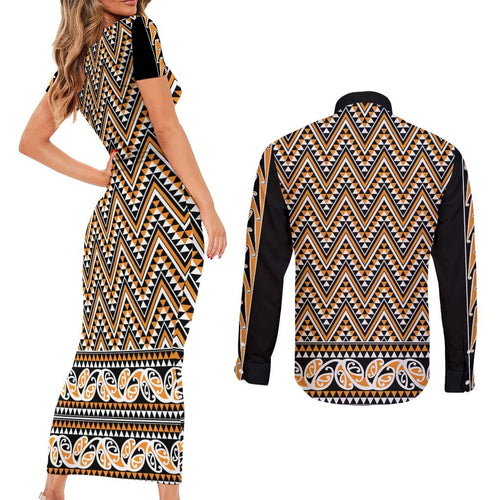 New Zealand Maori Niho Taniwha Couples Matching Short Sleeve Bodycon Dress and Long Sleeve Button Shirt Karaka Mangopare and Puhoro Pattern