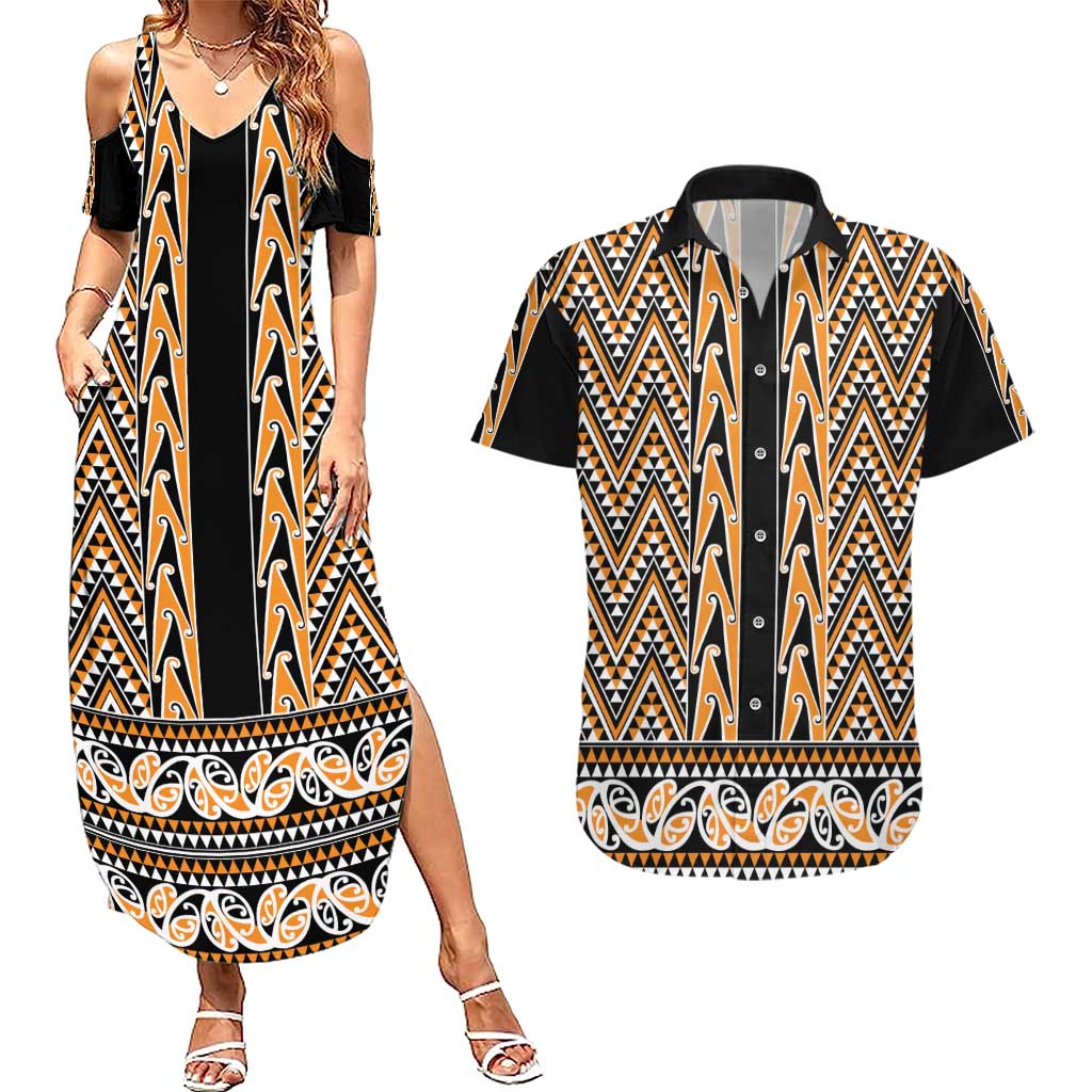 New Zealand Maori Niho Taniwha Couples Matching Summer Maxi Dress and Hawaiian Shirt Karaka Mangopare and Puhoro Pattern