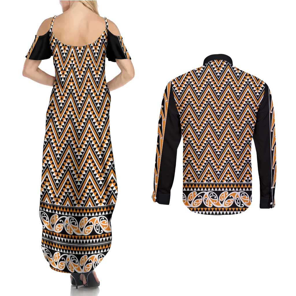 New Zealand Maori Niho Taniwha Couples Matching Summer Maxi Dress and Long Sleeve Button Shirt Karaka Mangopare and Puhoro Pattern