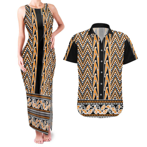 New Zealand Maori Niho Taniwha Couples Matching Tank Maxi Dress and Hawaiian Shirt Karaka Mangopare and Puhoro Pattern