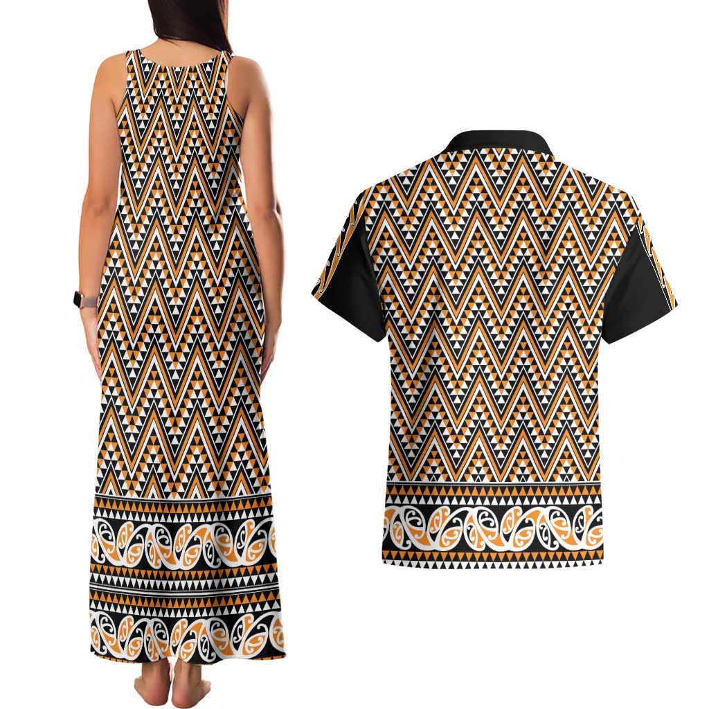 New Zealand Maori Niho Taniwha Couples Matching Tank Maxi Dress and Hawaiian Shirt Karaka Mangopare and Puhoro Pattern