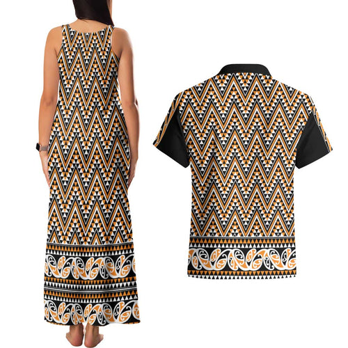 New Zealand Maori Niho Taniwha Couples Matching Tank Maxi Dress and Hawaiian Shirt Karaka Mangopare and Puhoro Pattern