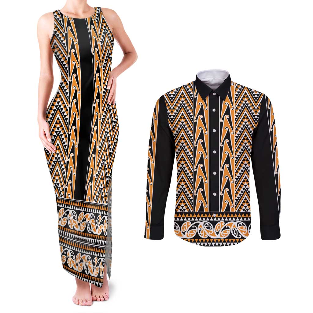 New Zealand Maori Niho Taniwha Couples Matching Tank Maxi Dress and Long Sleeve Button Shirt Karaka Mangopare and Puhoro Pattern