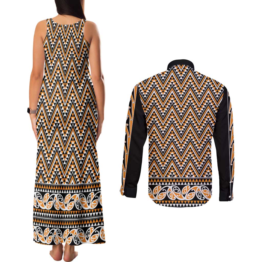 New Zealand Maori Niho Taniwha Couples Matching Tank Maxi Dress and Long Sleeve Button Shirt Karaka Mangopare and Puhoro Pattern