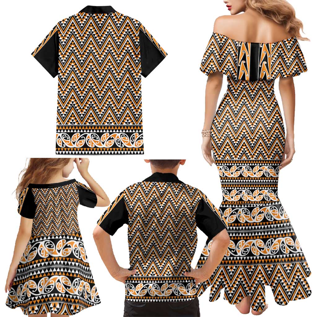 New Zealand Maori Niho Taniwha Family Matching Mermaid Dress and Hawaiian Shirt Karaka Mangopare and Puhoro Pattern