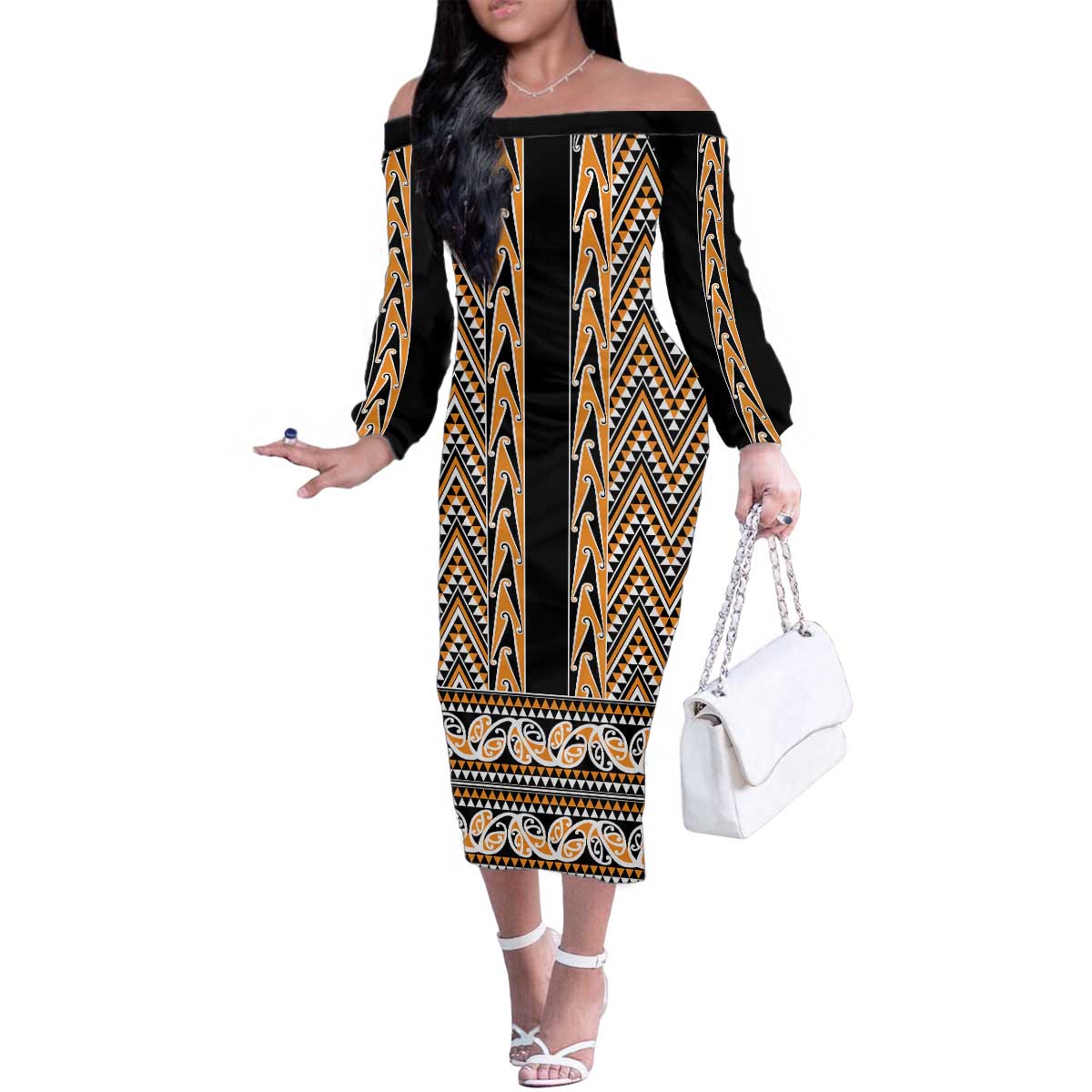 New Zealand Maori Niho Taniwha Family Matching Off The Shoulder Long Sleeve Dress and Hawaiian Shirt Karaka Mangopare and Puhoro Pattern