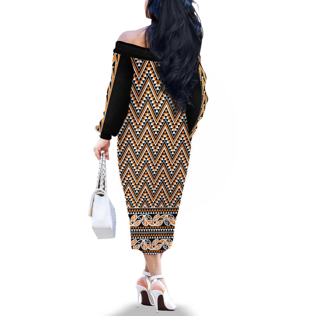 New Zealand Maori Niho Taniwha Family Matching Off The Shoulder Long Sleeve Dress and Hawaiian Shirt Karaka Mangopare and Puhoro Pattern
