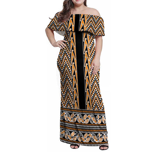 New Zealand Maori Niho Taniwha Family Matching Off Shoulder Maxi Dress and Hawaiian Shirt Karaka Mangopare and Puhoro Pattern