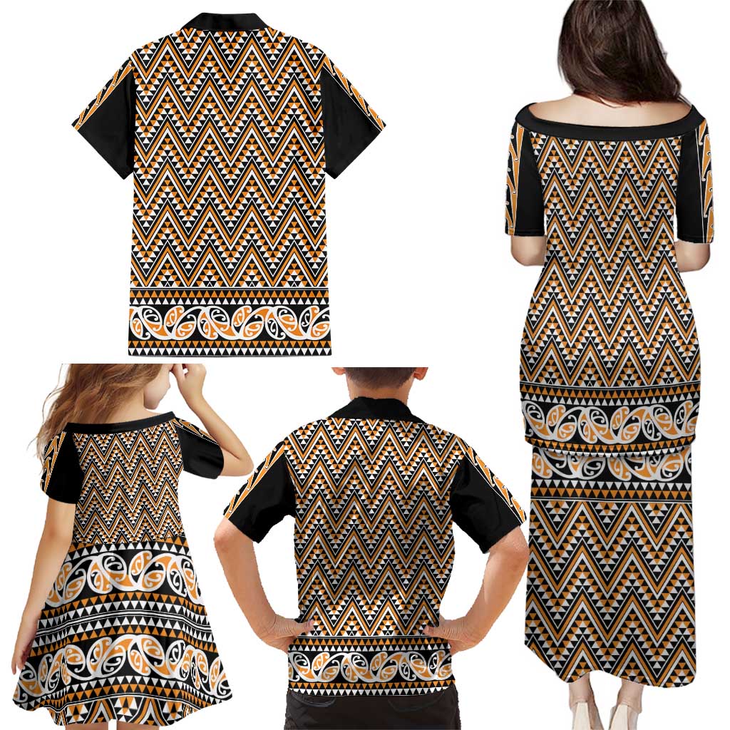 New Zealand Maori Niho Taniwha Family Matching Puletasi and Hawaiian Shirt Karaka Mangopare and Puhoro Pattern