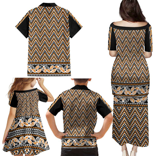 New Zealand Maori Niho Taniwha Family Matching Puletasi and Hawaiian Shirt Karaka Mangopare and Puhoro Pattern