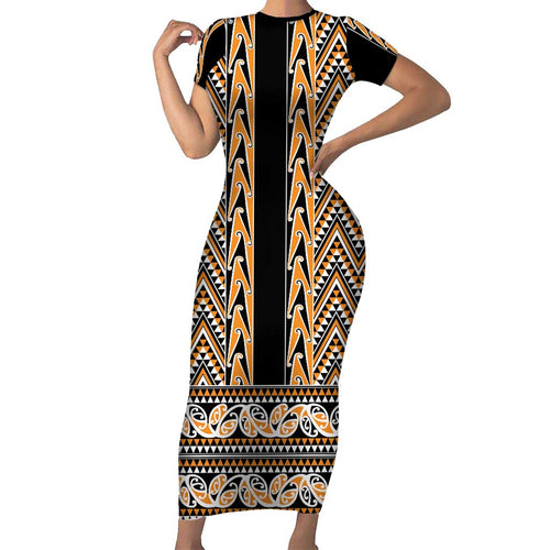 New Zealand Maori Niho Taniwha Family Matching Short Sleeve Bodycon Dress and Hawaiian Shirt Karaka Mangopare and Puhoro Pattern
