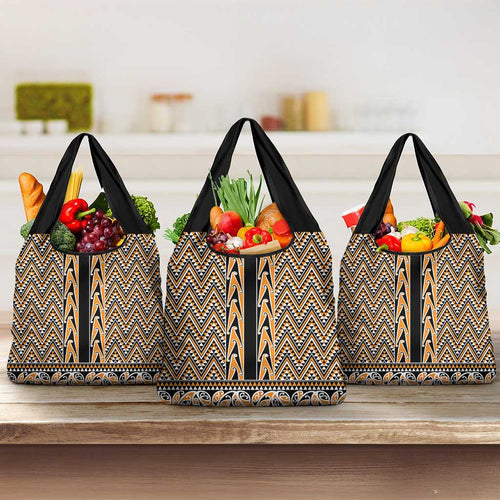 New Zealand Maori Niho Taniwha Grocery Bag Karaka Mangopare and Puhoro Pattern