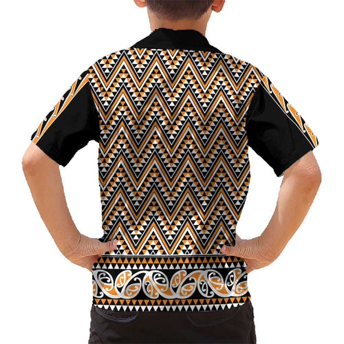 New Zealand Maori Niho Taniwha Kid Hawaiian Shirt Karaka Mangopare and Puhoro Pattern