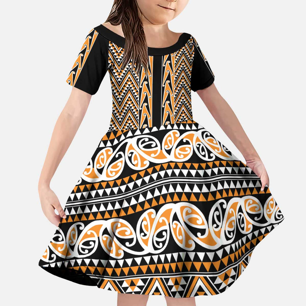 New Zealand Maori Niho Taniwha Kid Short Sleeve Dress Karaka Mangopare and Puhoro Pattern