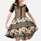 New Zealand Maori Niho Taniwha Kid Short Sleeve Dress Karaka Mangopare and Puhoro Pattern