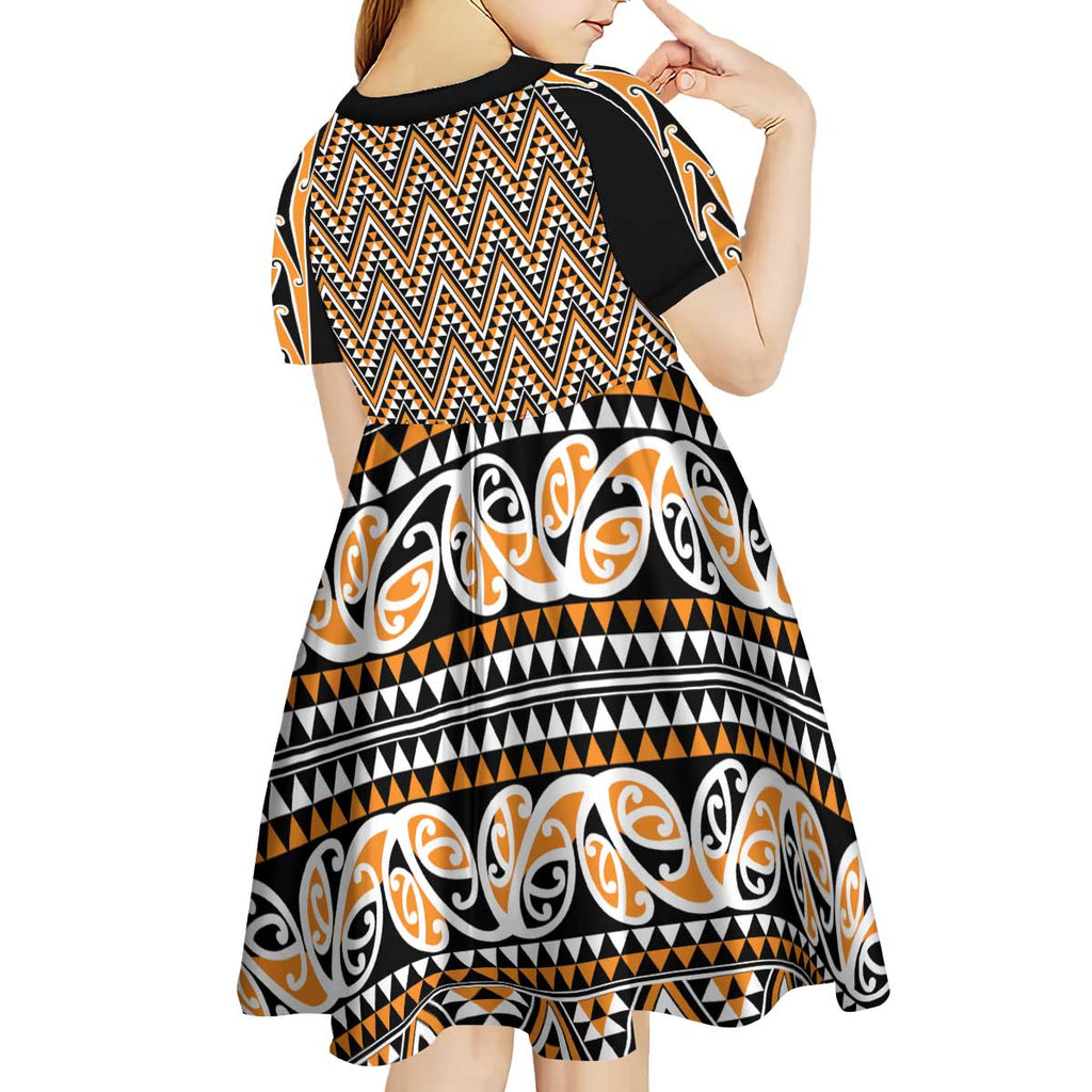 New Zealand Maori Niho Taniwha Kid Short Sleeve Dress Karaka Mangopare and Puhoro Pattern