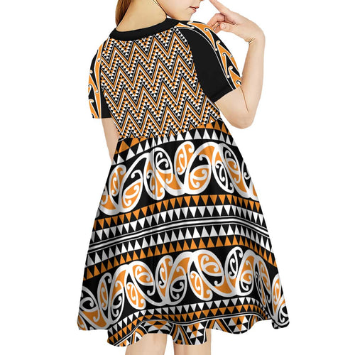 New Zealand Maori Niho Taniwha Kid Short Sleeve Dress Karaka Mangopare and Puhoro Pattern