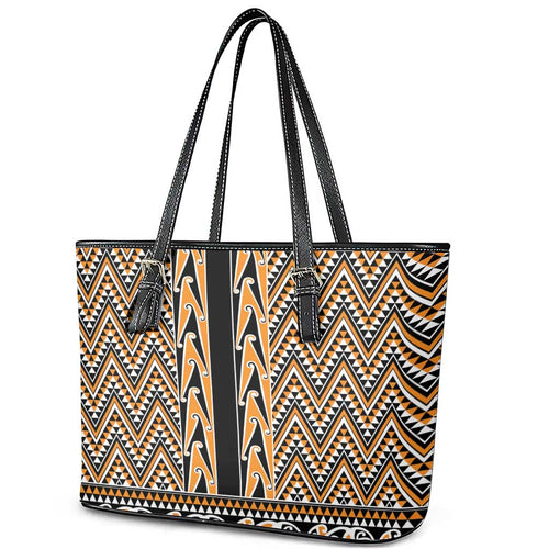 New Zealand Maori Niho Taniwha Leather Tote Bag Karaka Mangopare and Puhoro Pattern