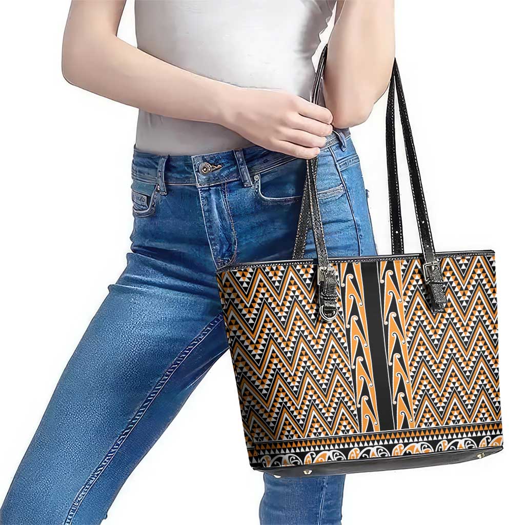 New Zealand Maori Niho Taniwha Leather Tote Bag Karaka Mangopare and Puhoro Pattern