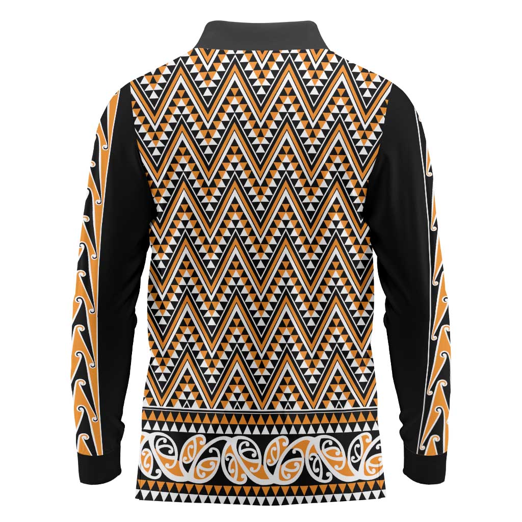 New Zealand Maori Niho Taniwha Long Sleeve Polo Shirt Karaka Mangopare and Puhoro Pattern