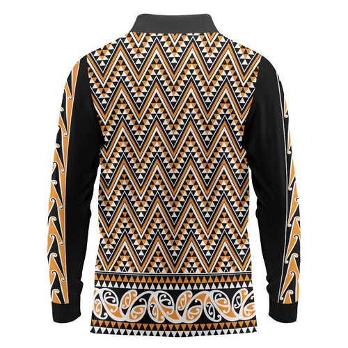 New Zealand Maori Niho Taniwha Long Sleeve Polo Shirt Karaka Mangopare and Puhoro Pattern