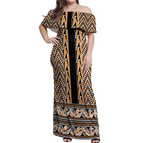 New Zealand Maori Niho Taniwha Off Shoulder Maxi Dress Karaka Mangopare and Puhoro Pattern