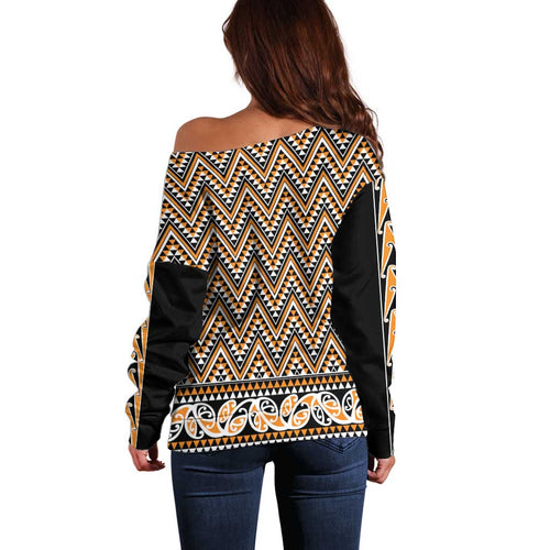 New Zealand Maori Niho Taniwha Off Shoulder Sweater Karaka Mangopare and Puhoro Pattern