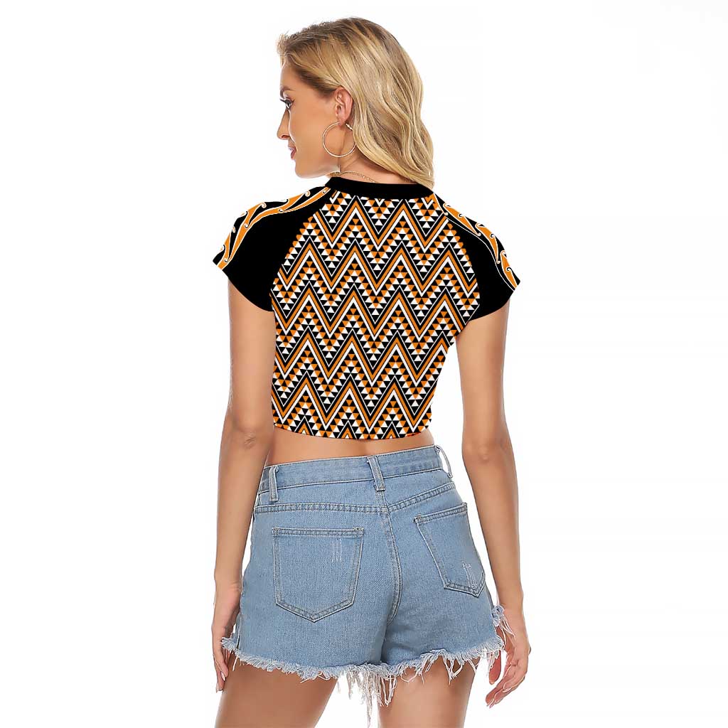 New Zealand Maori Niho Taniwha Raglan Cropped T Shirt Karaka Mangopare and Puhoro Pattern