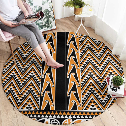 New Zealand Maori Niho Taniwha Round Carpet Karaka Mangopare and Puhoro Pattern