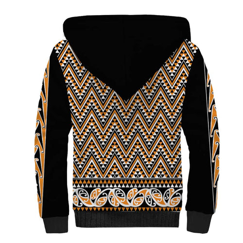 New Zealand Maori Niho Taniwha Sherpa Hoodie Karaka Mangopare and Puhoro Pattern