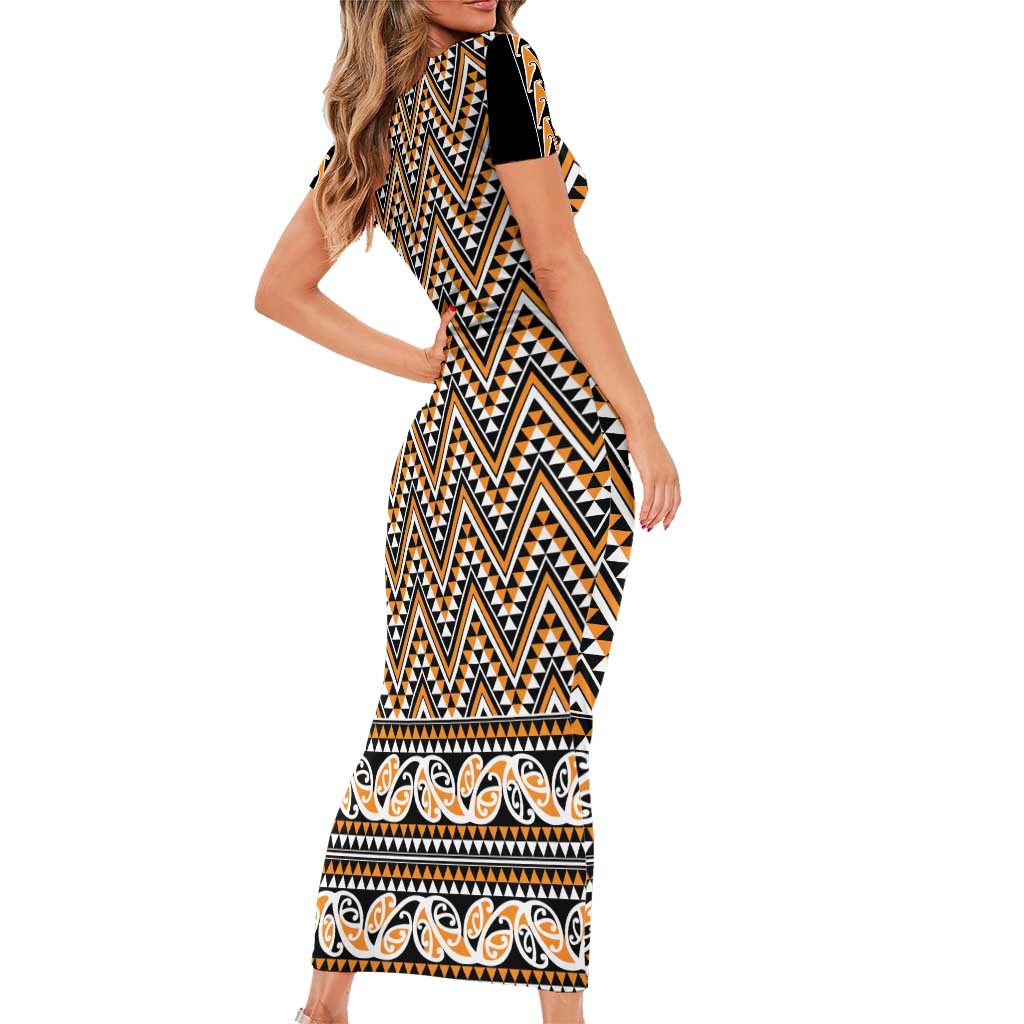 New Zealand Maori Niho Taniwha Short Sleeve Bodycon Dress Karaka Mangopare and Puhoro Pattern