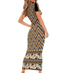 New Zealand Maori Niho Taniwha Short Sleeve Bodycon Dress Karaka Mangopare and Puhoro Pattern