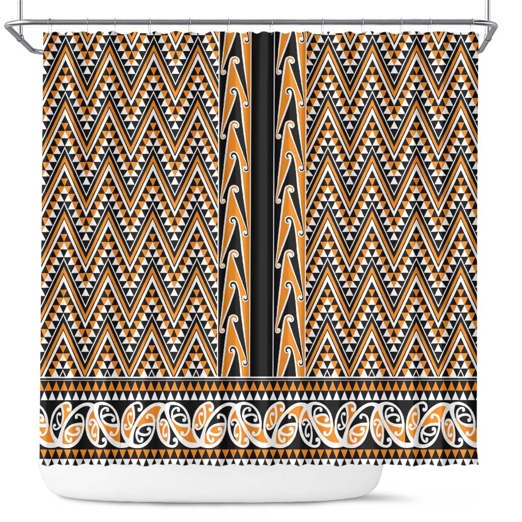New Zealand Maori Niho Taniwha Shower Curtain Karaka Mangopare and Puhoro Pattern