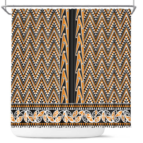 New Zealand Maori Niho Taniwha Shower Curtain Karaka Mangopare and Puhoro Pattern
