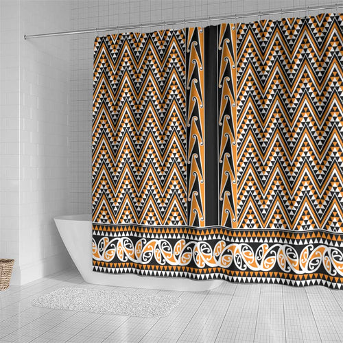 New Zealand Maori Niho Taniwha Shower Curtain Karaka Mangopare and Puhoro Pattern