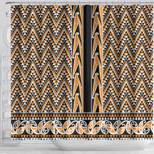 New Zealand Maori Niho Taniwha Shower Curtain Karaka Mangopare and Puhoro Pattern