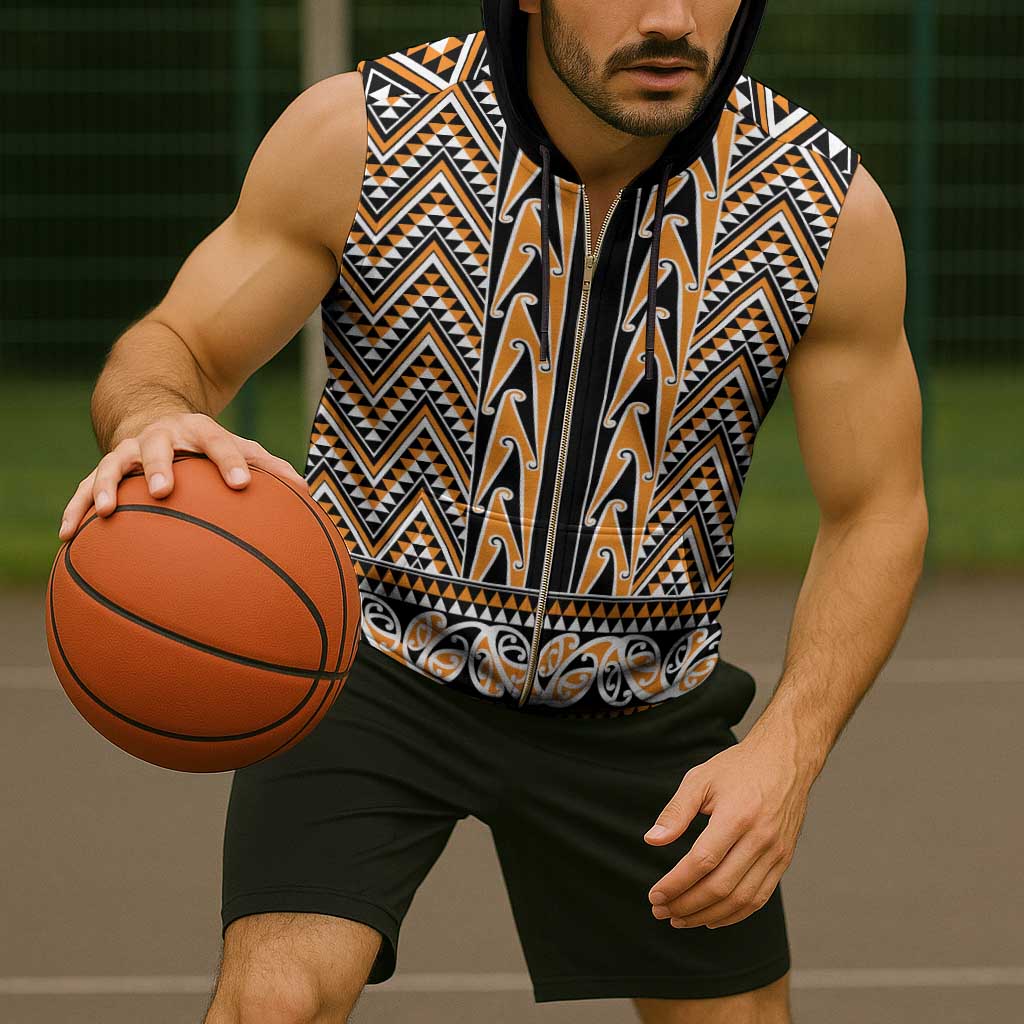 New Zealand Maori Niho Taniwha Sleeveless Zip Hoodie Karaka Mangopare and Puhoro Pattern - Aussie Hoodie