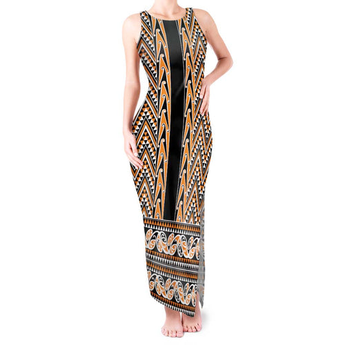 New Zealand Maori Niho Taniwha Tank Maxi Dress Karaka Mangopare and Puhoro Pattern