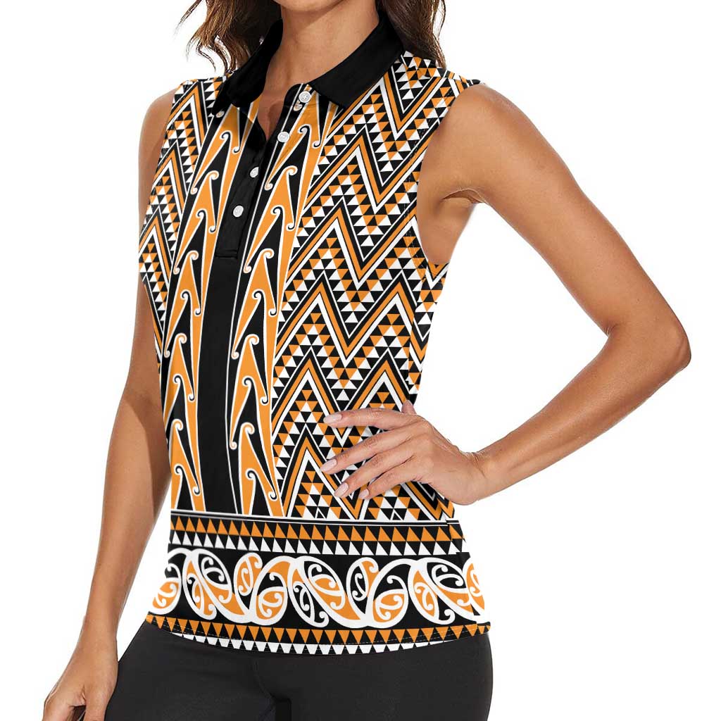 New Zealand Maori Niho Taniwha Women Sleeveless Polo Shirt Karaka Mangopare and Puhoro Pattern