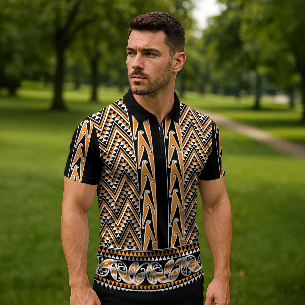 New Zealand Maori Niho Taniwha Zipper Polo Shirt Karaka Mangopare and Puhoro Pattern - Aussie Hoodie