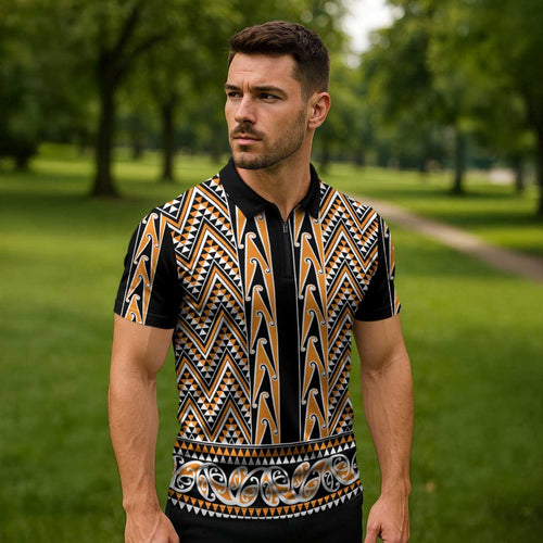 New Zealand Maori Niho Taniwha Zipper Polo Shirt Karaka Mangopare and Puhoro Pattern - Aussie Hoodie