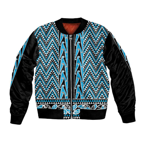 New Zealand Maori Niho Taniwha Bomber Jacket Kikorangi Mangopare and Puhoro Pattern