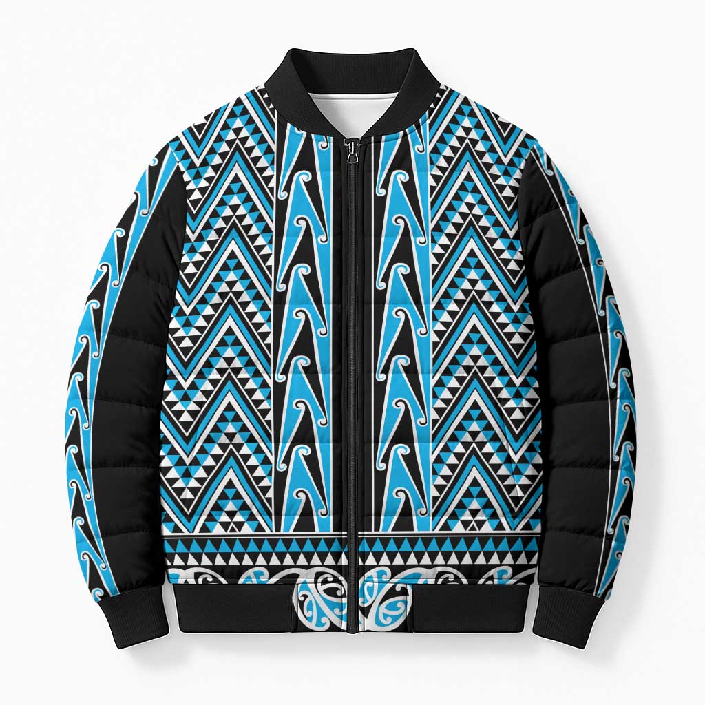 New Zealand Maori Niho Taniwha Bomber Puffer Jacket Kikorangi Mangopare and Puhoro Pattern - Aussie Hoodie