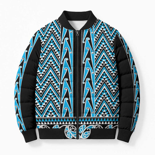 New Zealand Maori Niho Taniwha Bomber Puffer Jacket Kikorangi Mangopare and Puhoro Pattern - Aussie Hoodie